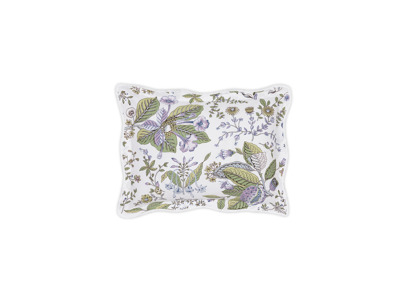 Matouk Pomegranate boudoir sham, white with lavender and green botanical print.