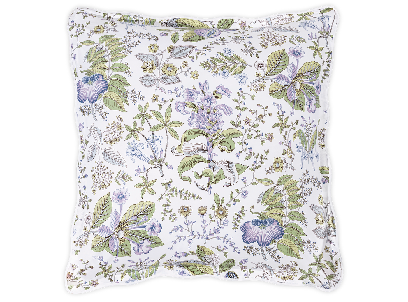 Matouk Pomegranate Schumacher euro pillow sham in white with blue and sage floral print.