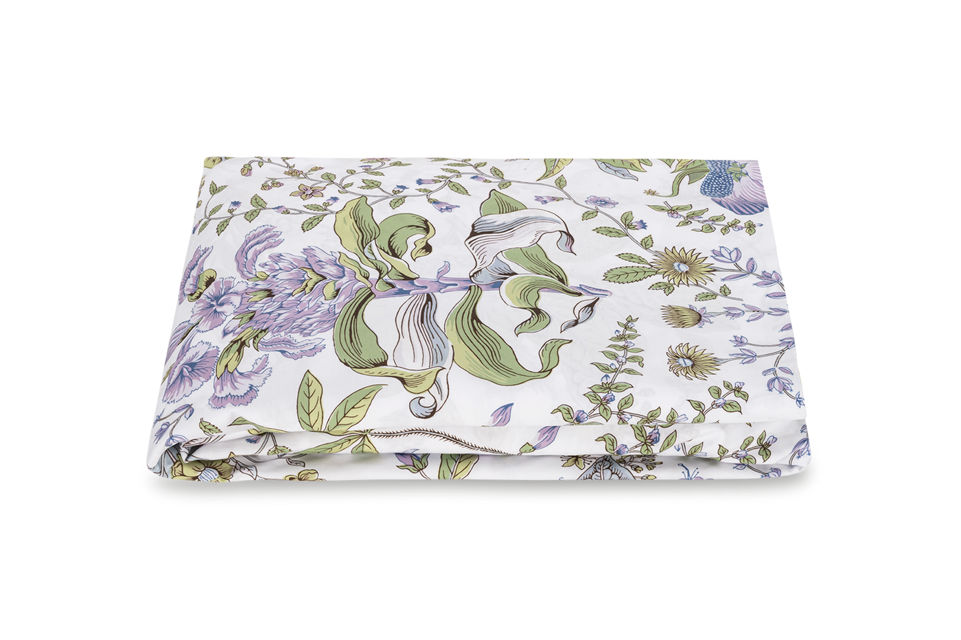 Matouk Pomegranate Schumacher fitted sheet, white with lavender and green floral print.