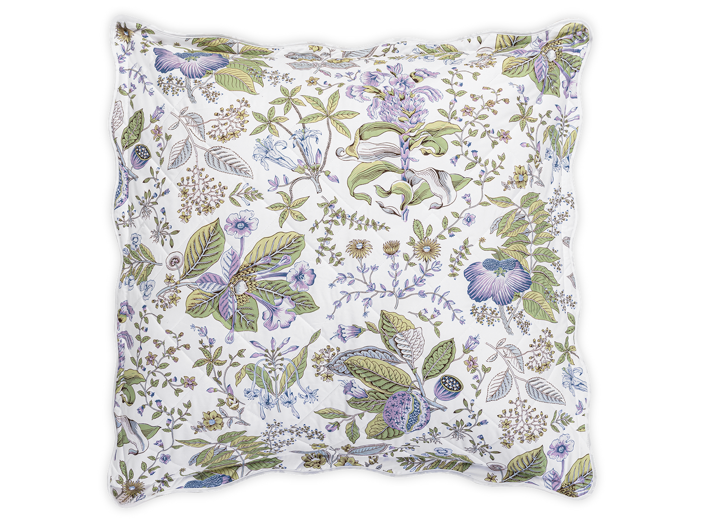 Matouk Pomegranate Schumacher quilted euro sham, white with lavender and green floral print.