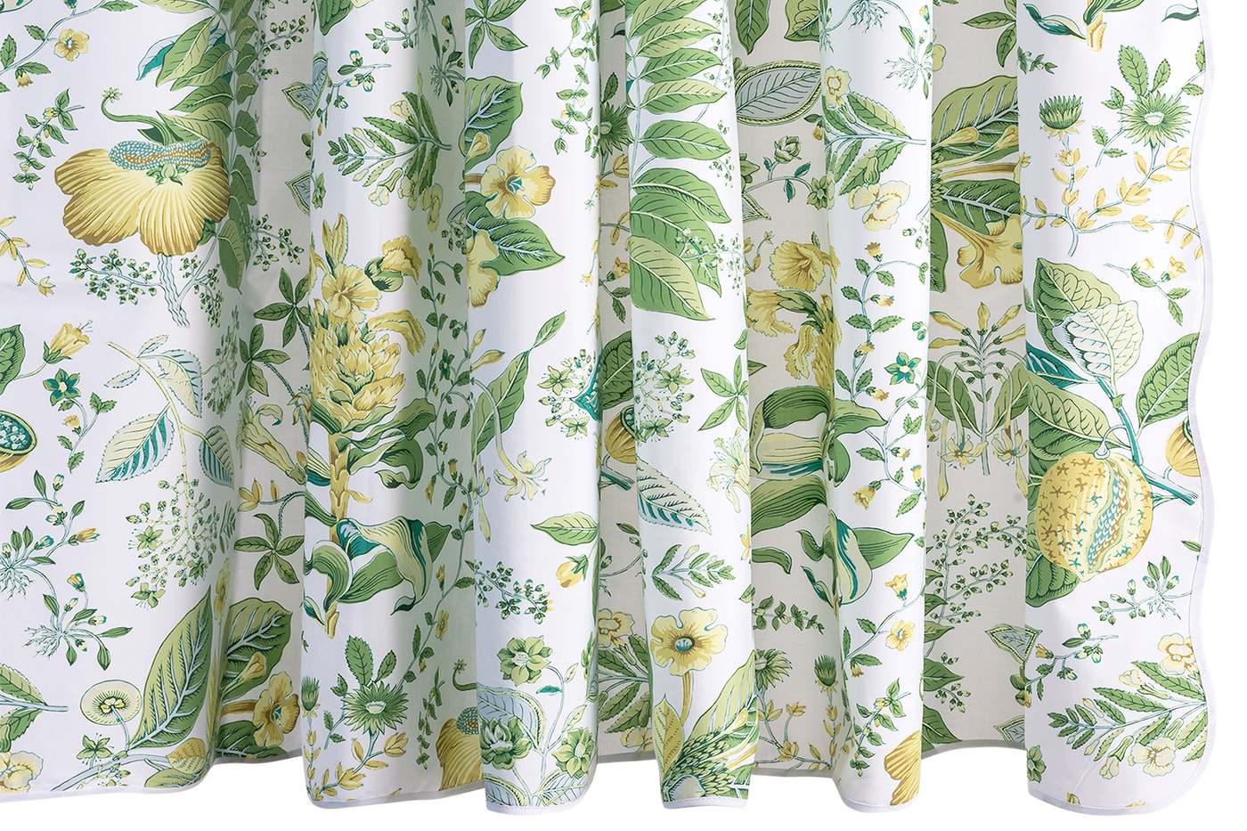Matouk Pomegranate shower curtain in white with green and yellow botanical print.