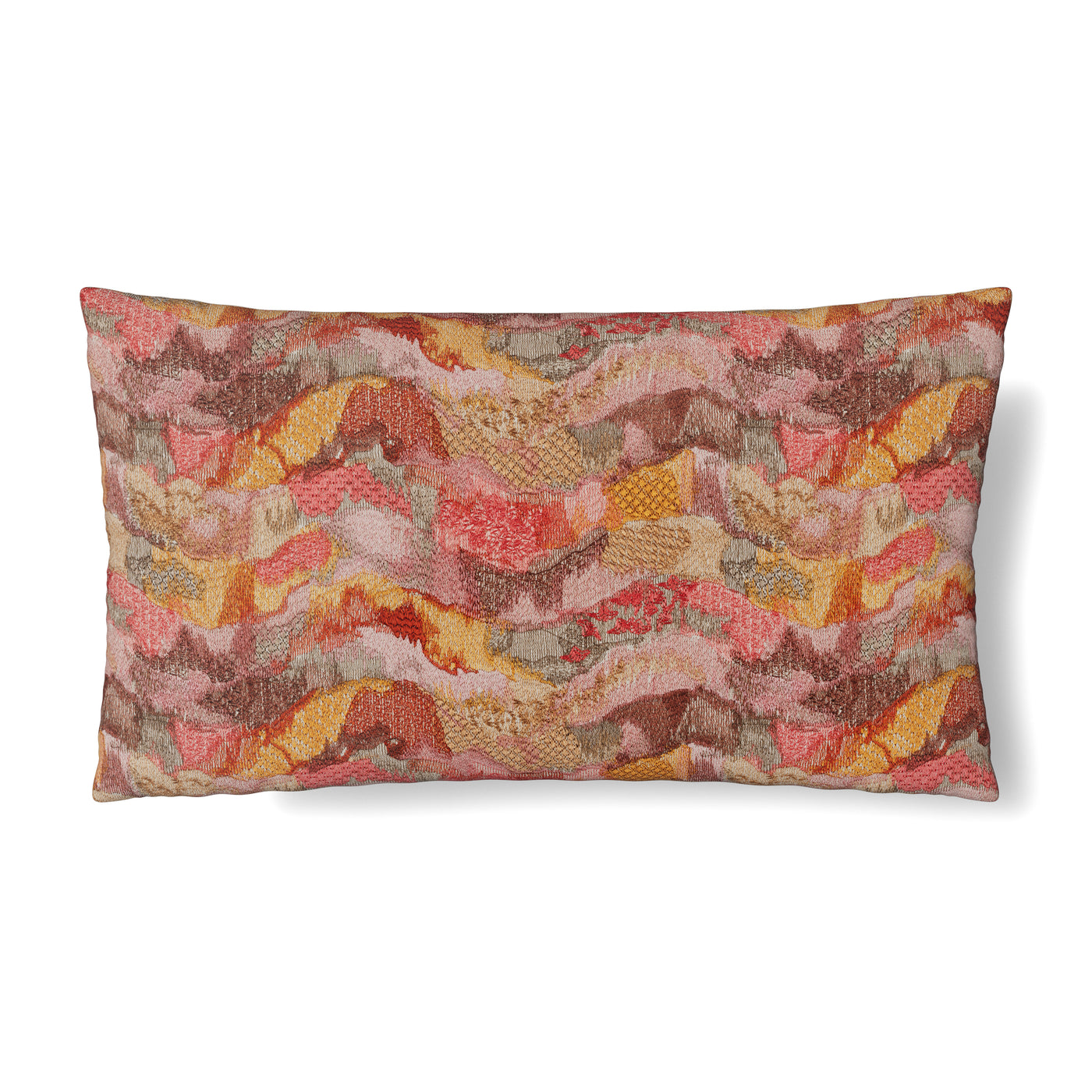 Ann Gish Positano lumbar pillow with coral, gold, and rose wave-pattern jacquard.