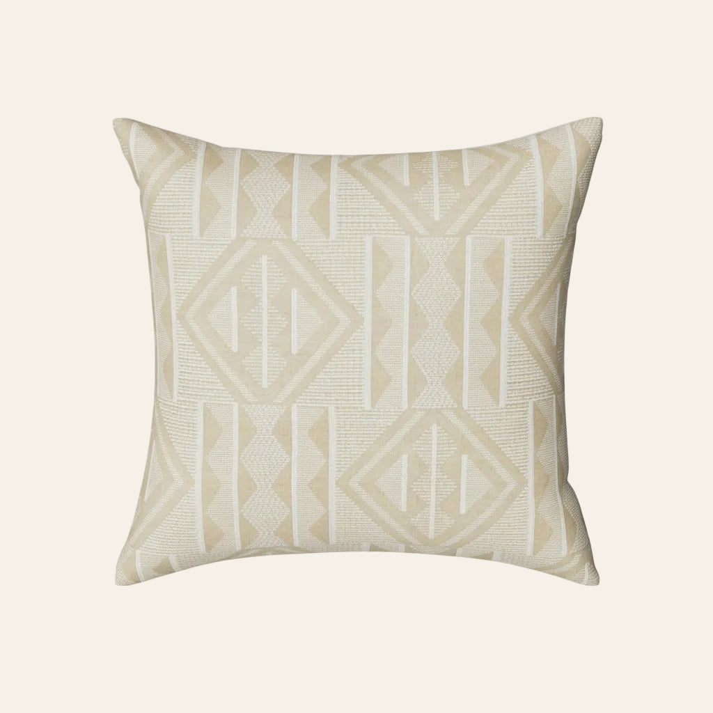 Ann Gish Prestige pillow in ivory with woven geometric diamond and triangle pattern.