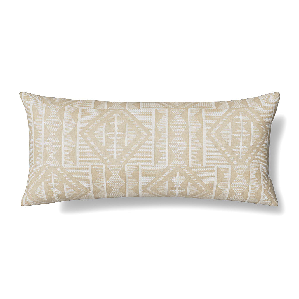 Ann Gish Prestige lumbar pillow in champagne with geometric woven pattern.