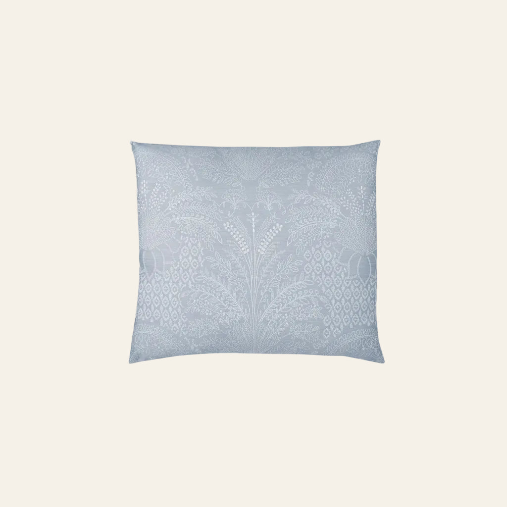 Ann Gish Printemps pillow in dusty blue with tone-on-tone botanical jacquard pattern.