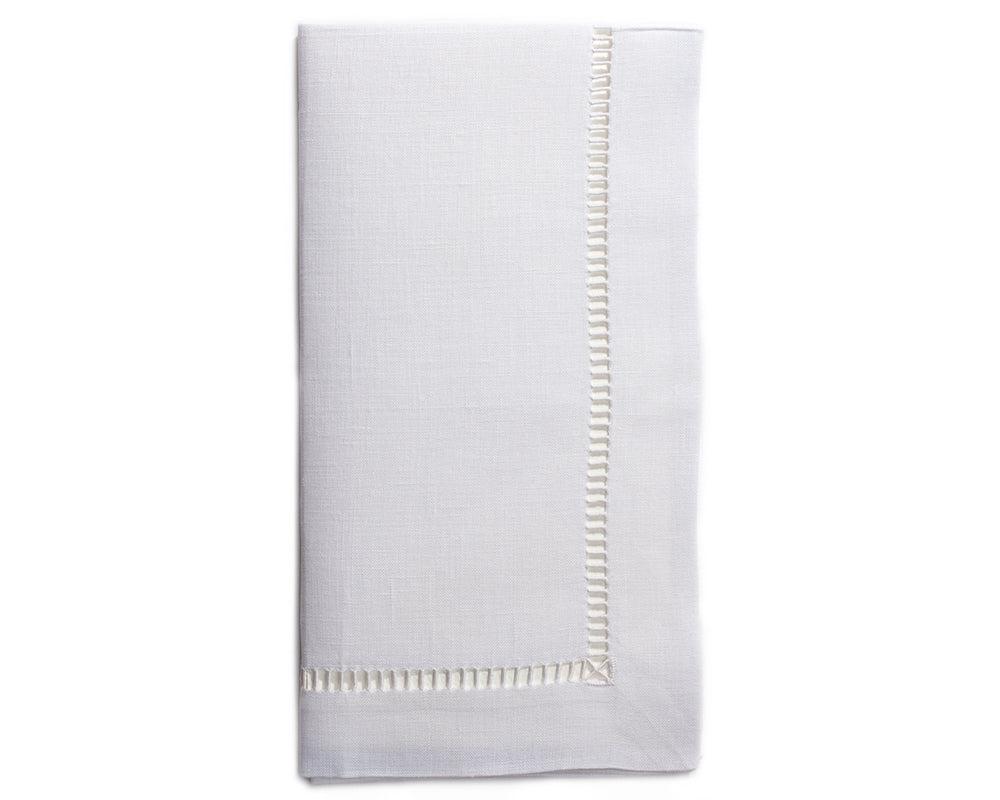Henry Handwork white pure linen dinner napkin with hemstitch border detail.