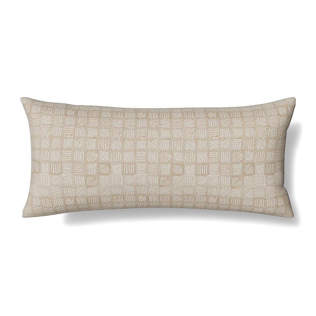 Ann Gish Qasaba lumbar pillow in sand with woven geometric block pattern detail.