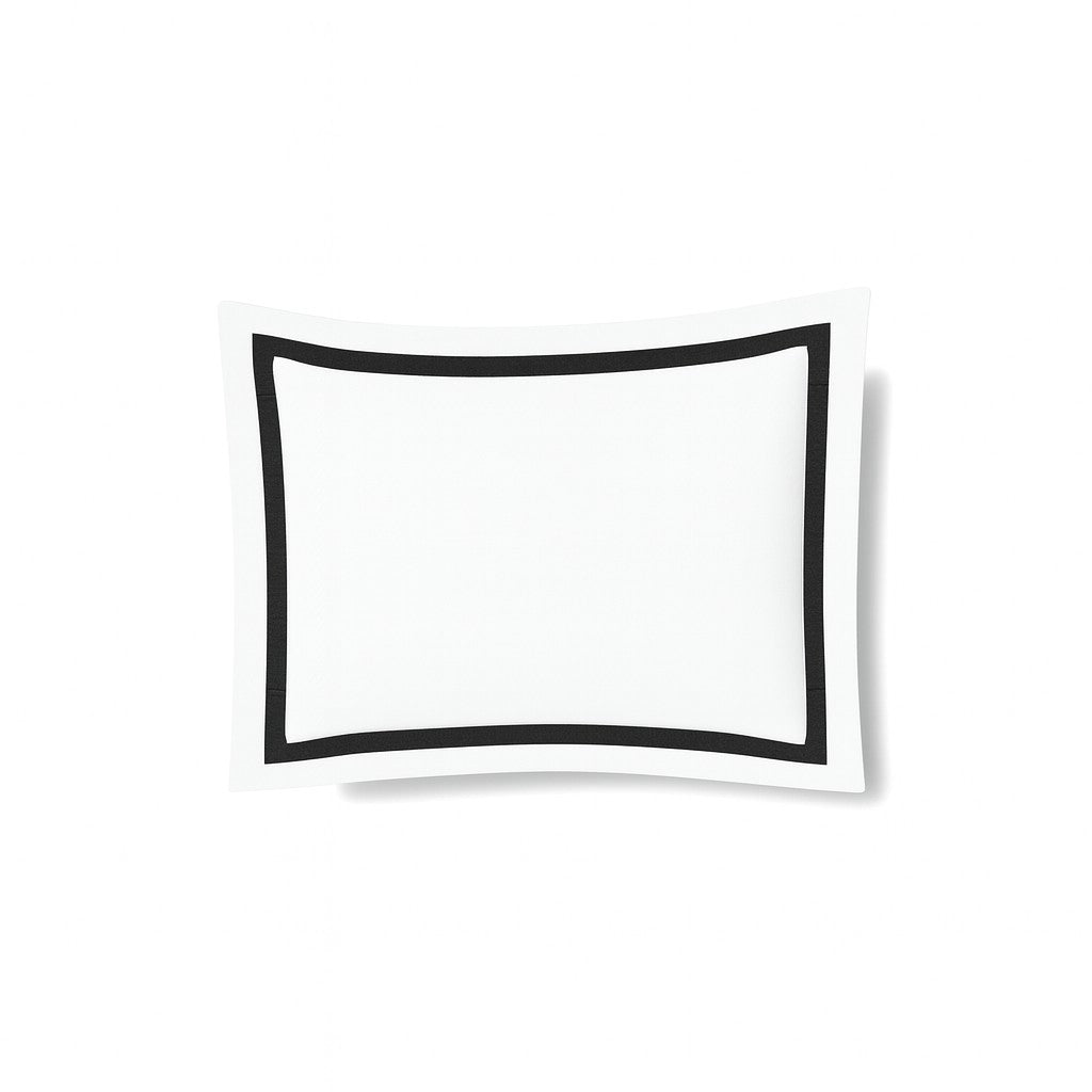 White cotton sham with black trim border, shown flat against white background.