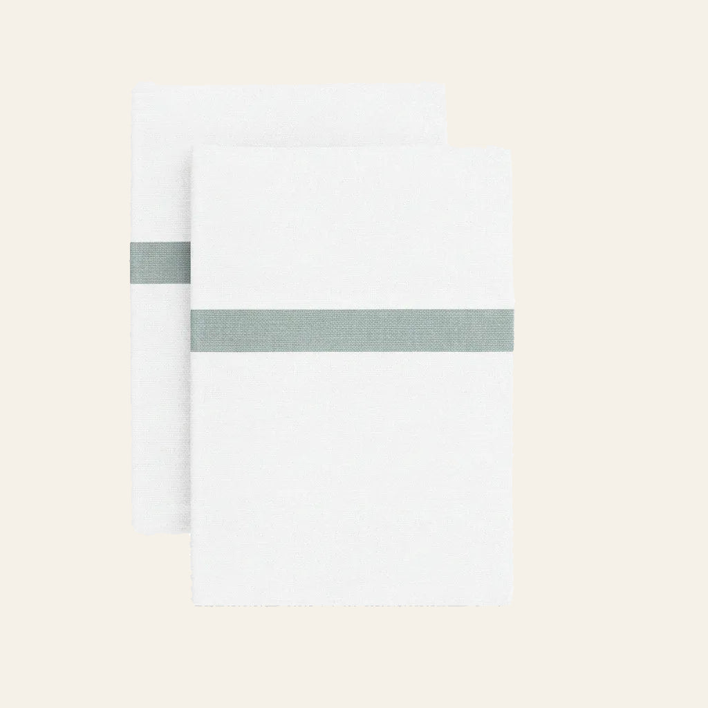 Ann Gish Ready-to-Bed 2.0 white cotton pillowcases with sage trim band, set of two.