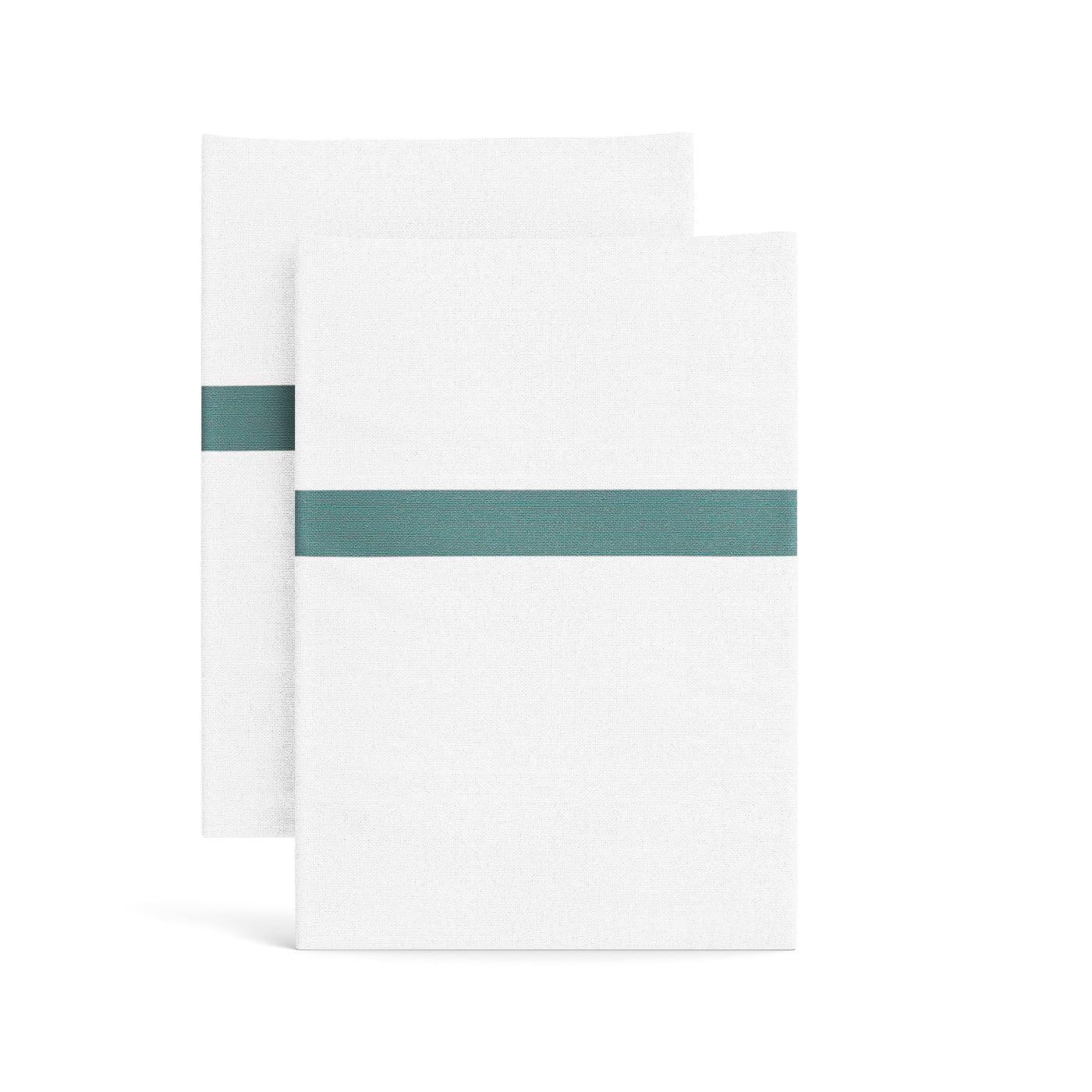 Ann Gish white cotton pillowcases with teal trim stripe, pair shown folded.