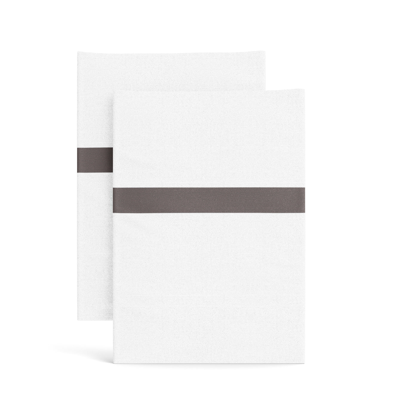 Two white cotton pillowcases with a charcoal woven trim stripe, displayed upright against white background.