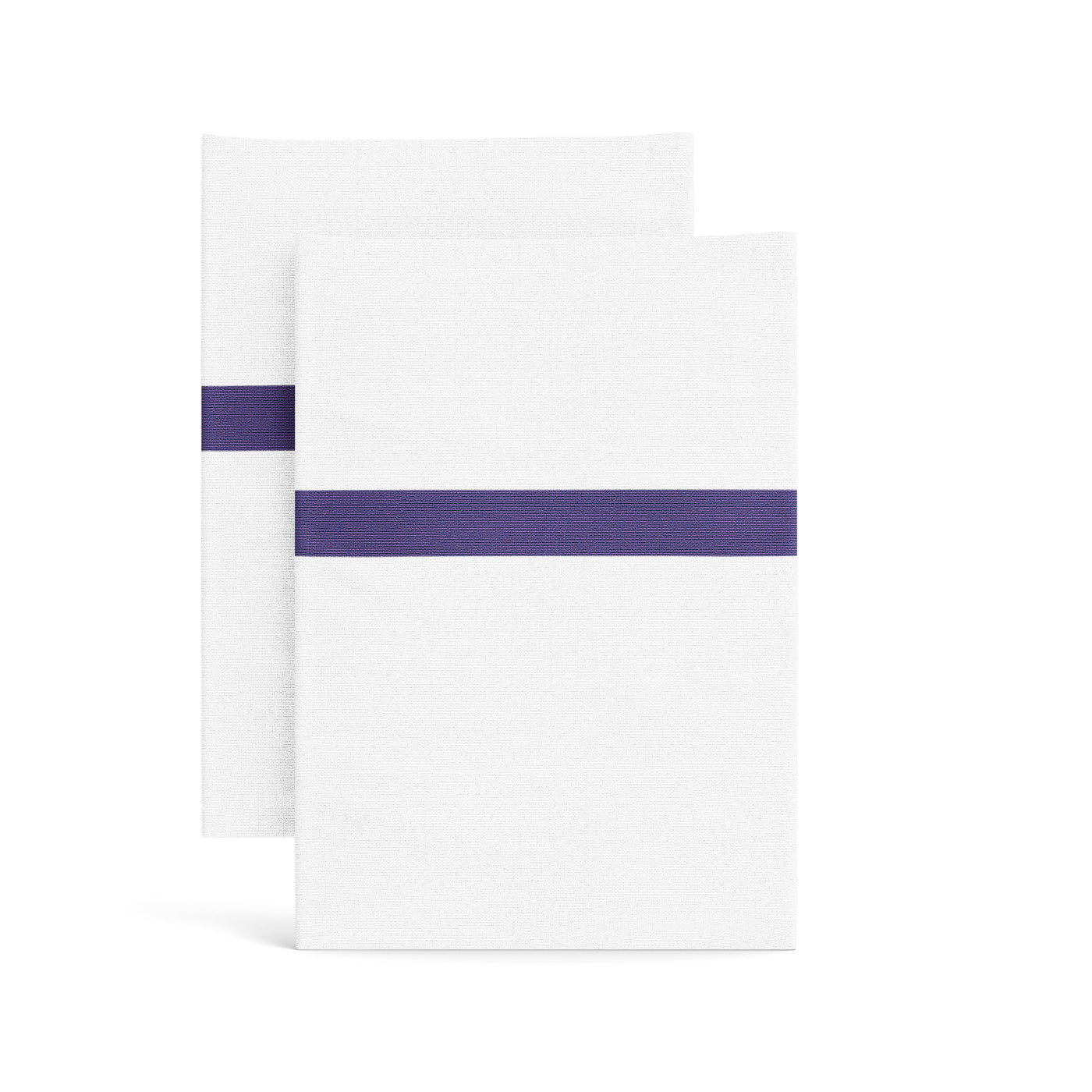 Two white cotton pillowcases with a bold purple stripe trim, folded flat against white background.