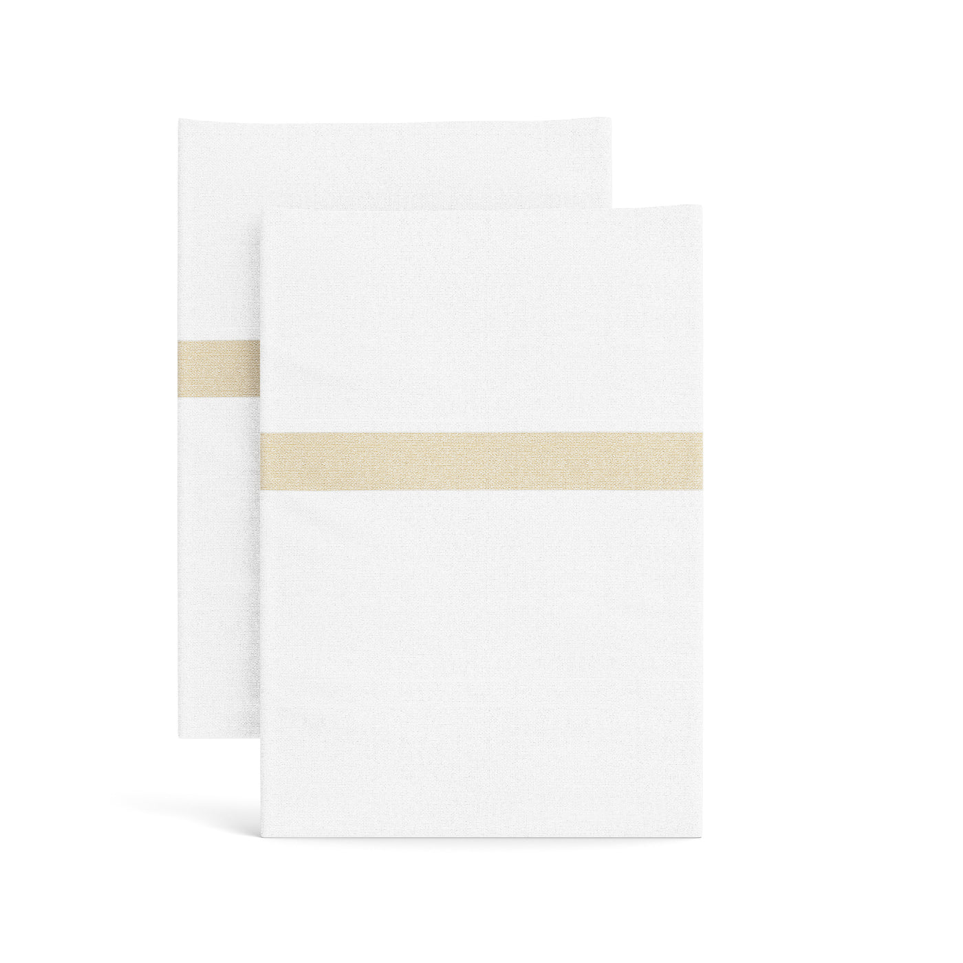 Two white cotton pillowcases with a champagne woven trim stripe, folded flat.