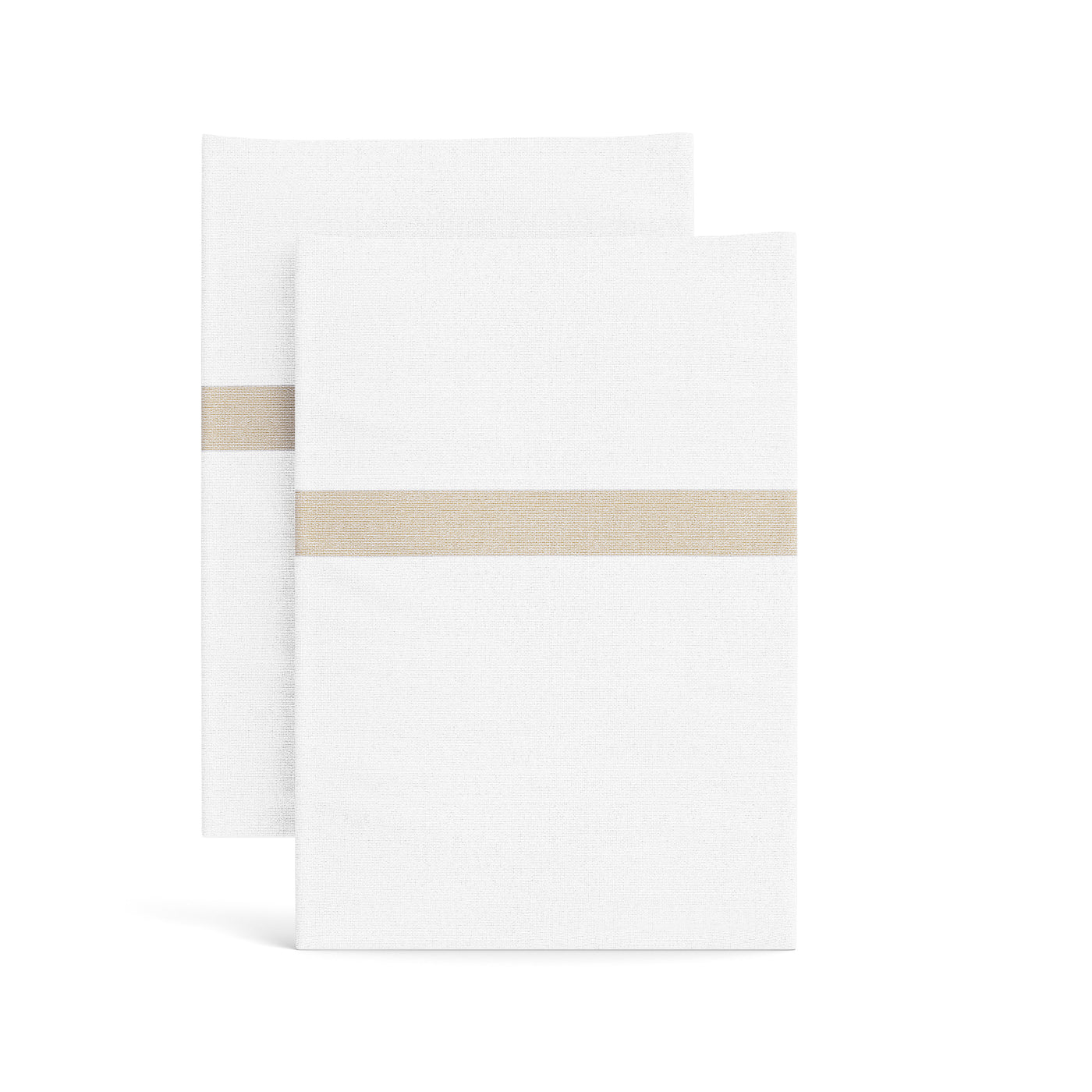 Two white cotton pillowcases with a woven champagne trim stripe, folded flat against white background.
