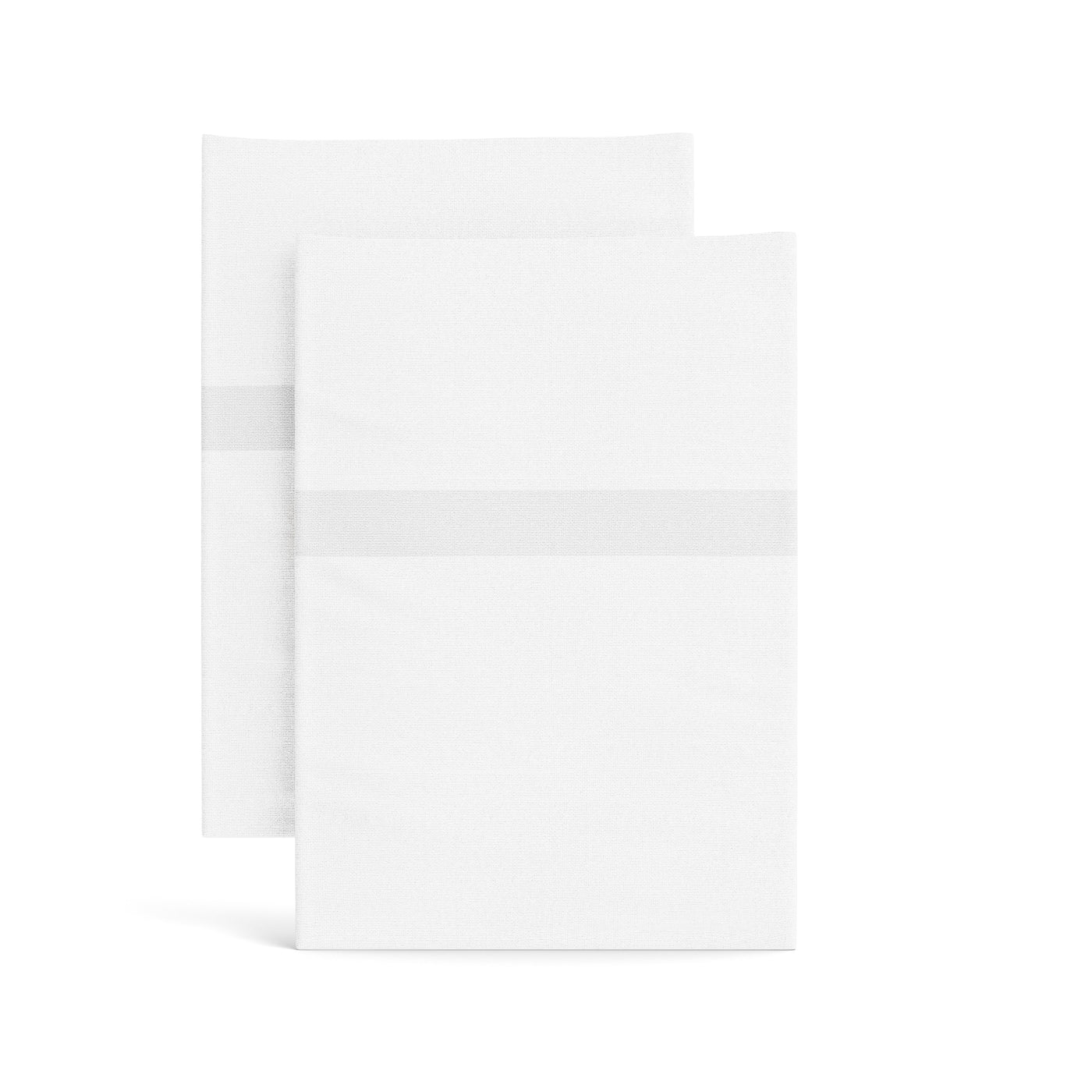 Two white cotton pillowcases with subtle stripe trim band, folded flat on white background.
