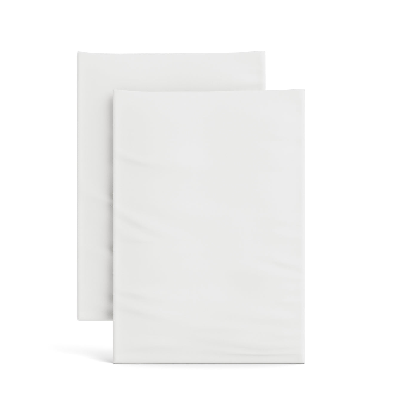 Two white Ann Gish fitted sheets displayed upright, showing fitted corners and smooth fabric.