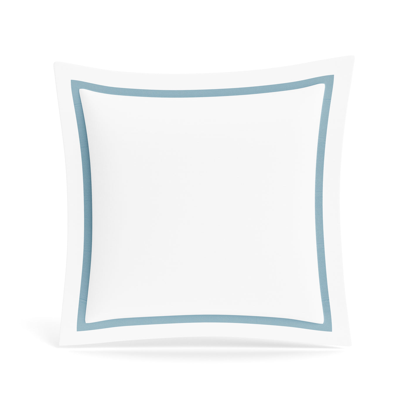 White cotton sham with double dusty blue trim border, square Euro presentation.