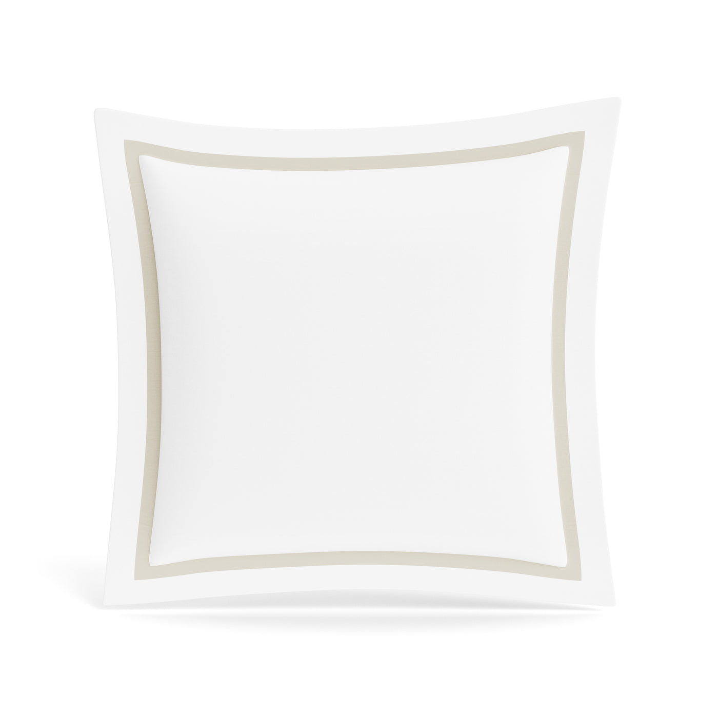 Close-up of white cotton sham with tan trim border on white background.