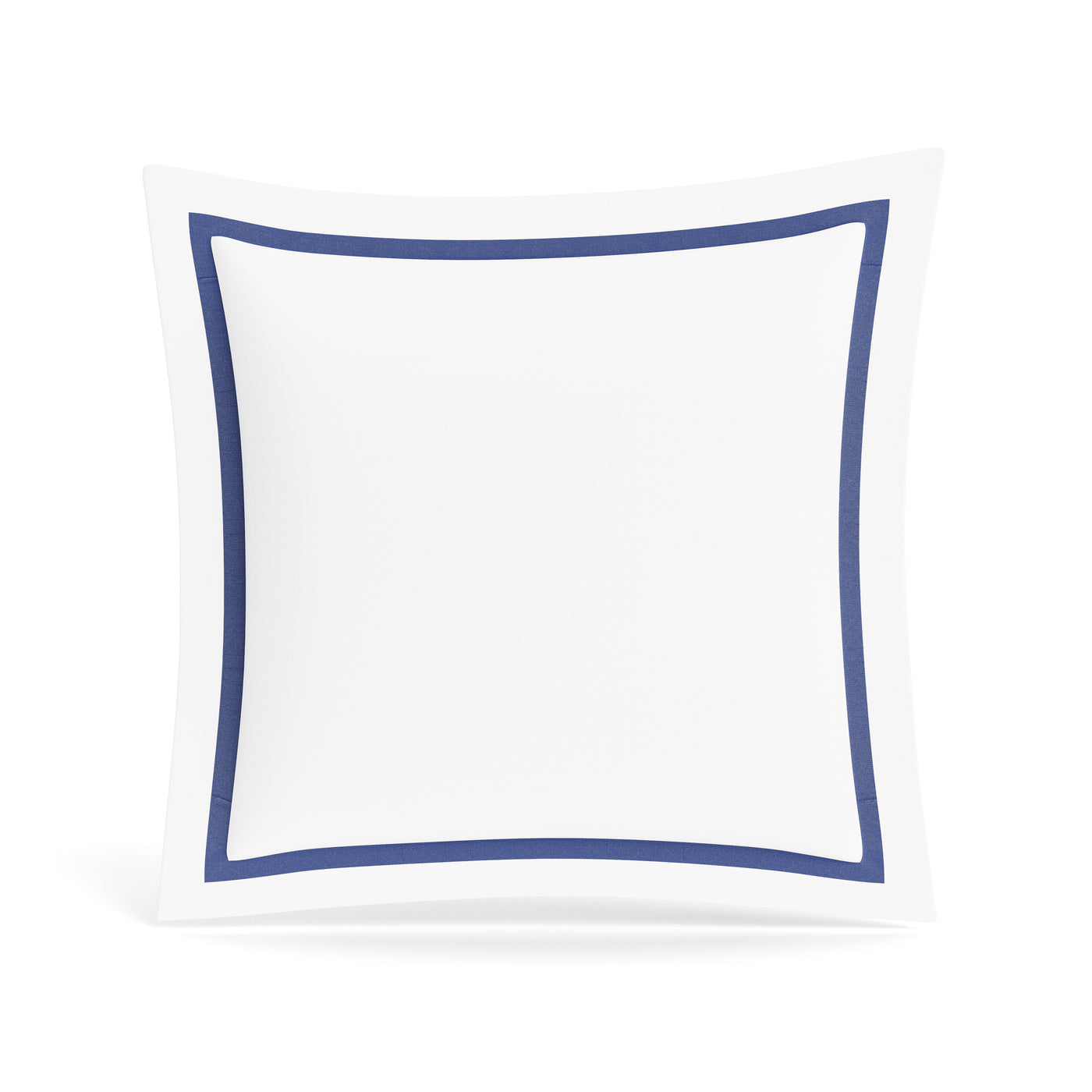 Ann Gish white cotton sham with cobalt blue border trim, front-facing view.