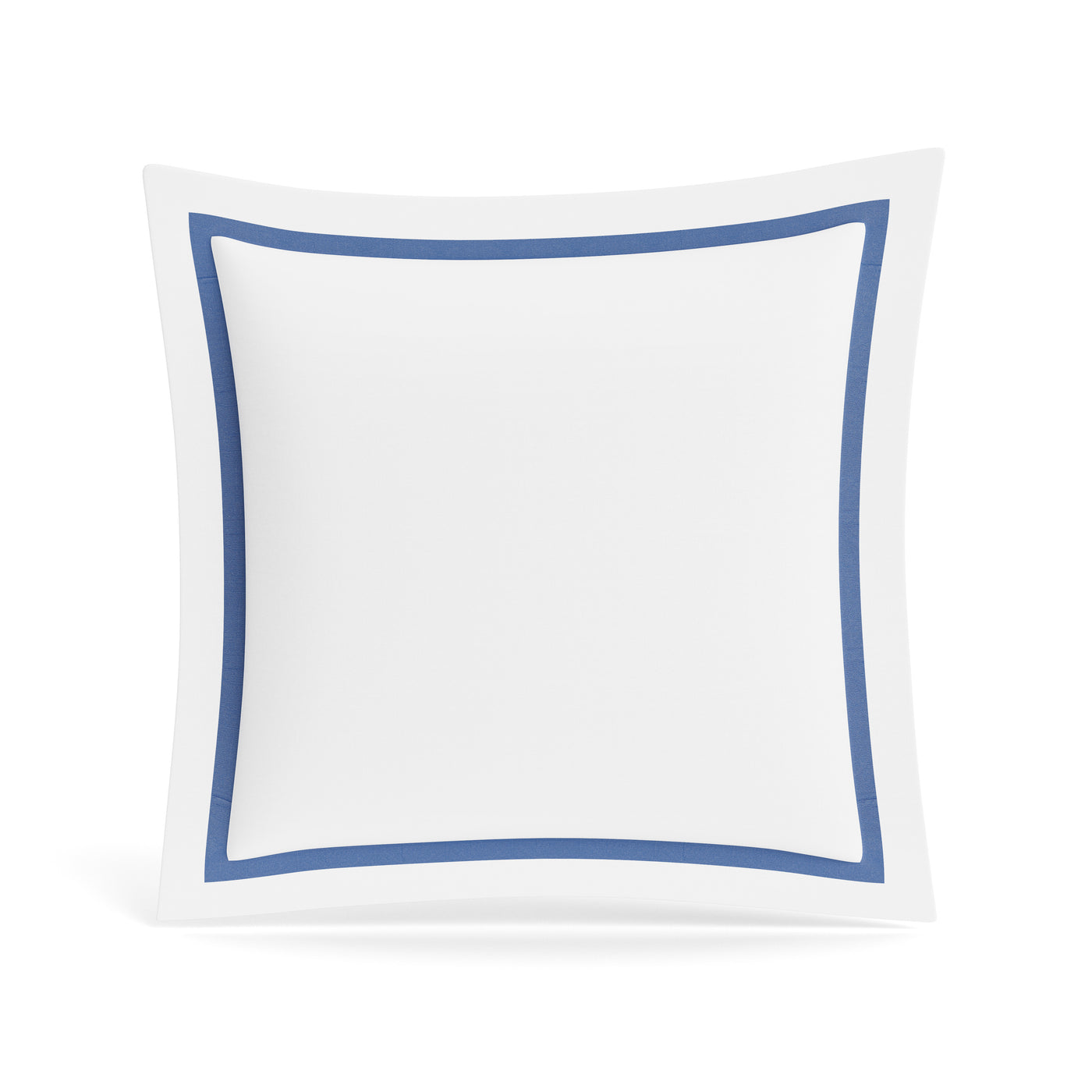 White cotton sham with cobalt blue border trim, square euro styling, against white background.