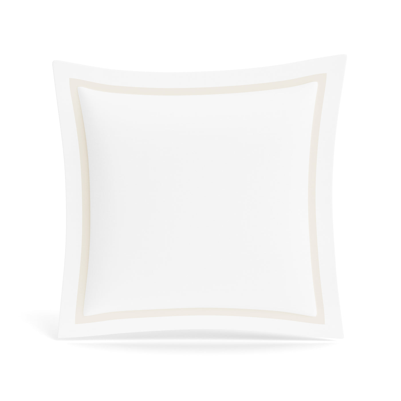 Close-up of Ann Gish cotton sham in white with champagne trim border detail.