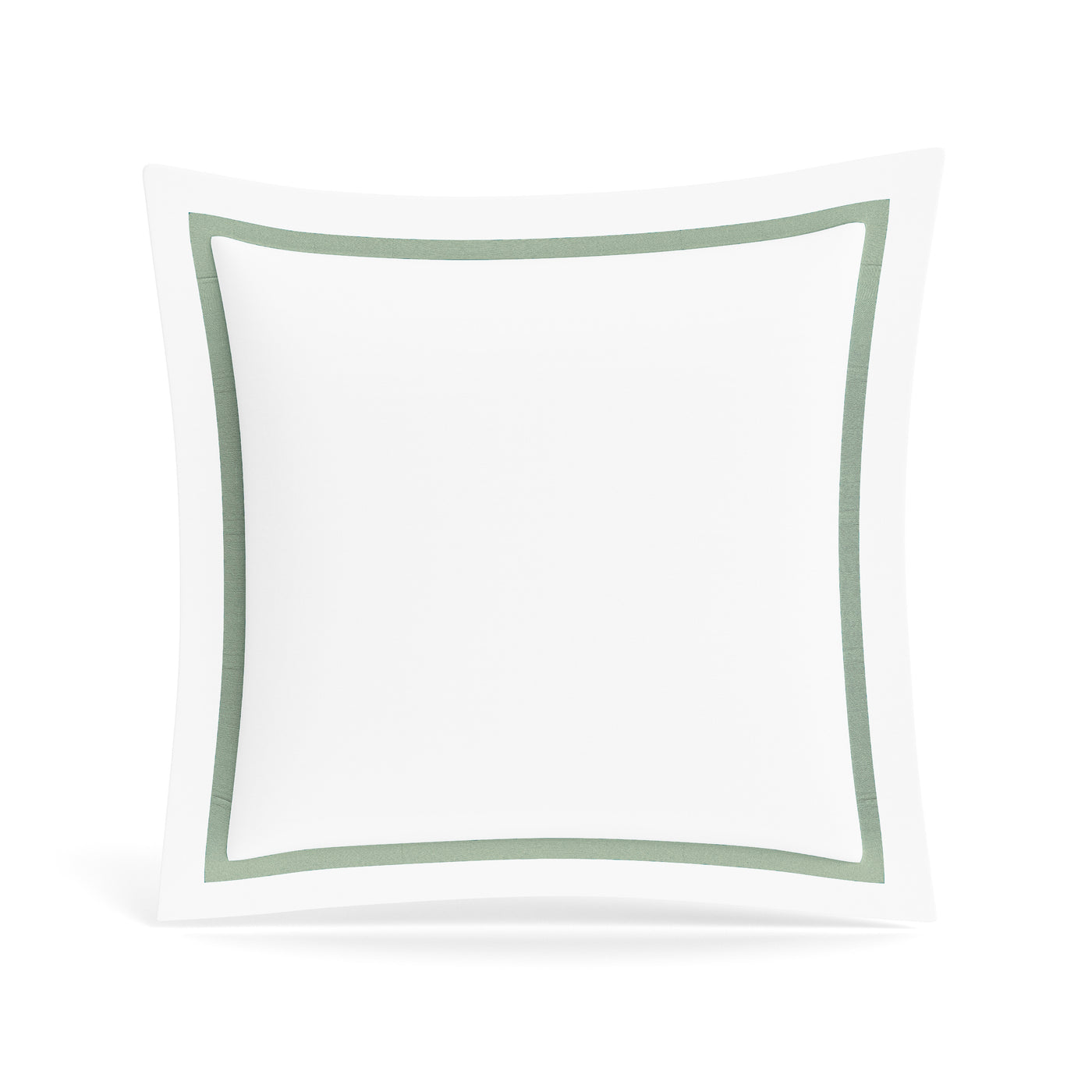 Close-up of white cotton sham with sage green trim border detail.