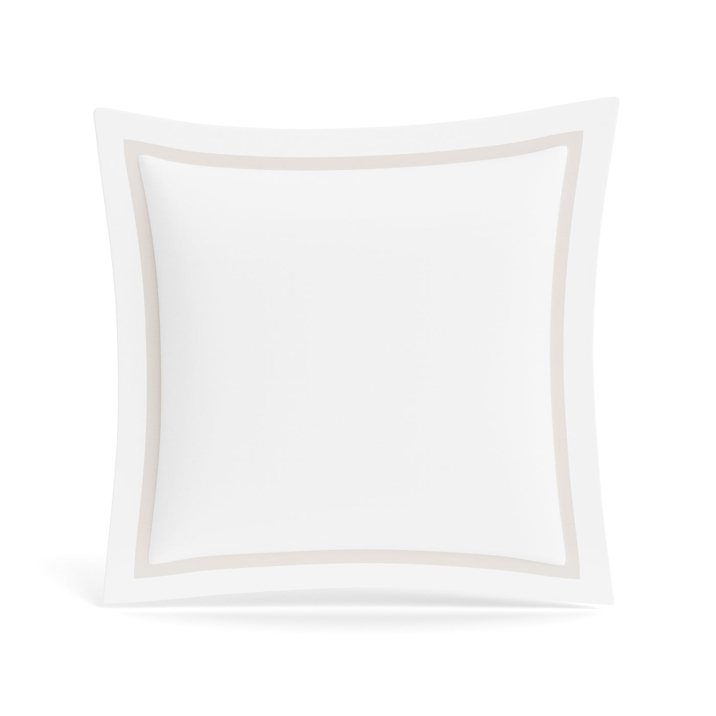 Close-up of white cotton sham with framed champagne trim border detail.