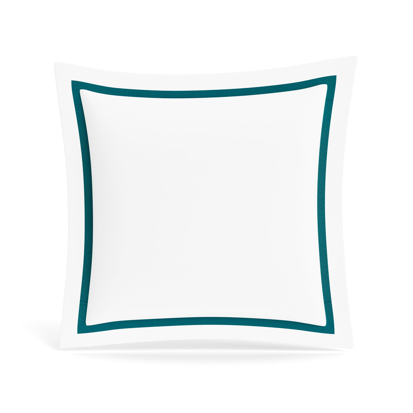 Close-up of white cotton sham with teal border trim, floating on white background.