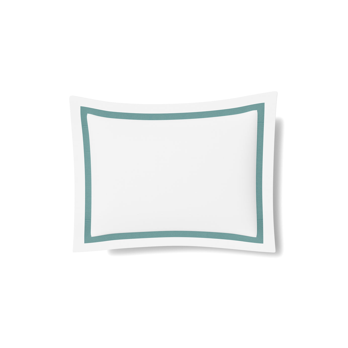 White cotton sham with teal border trim, on white background.