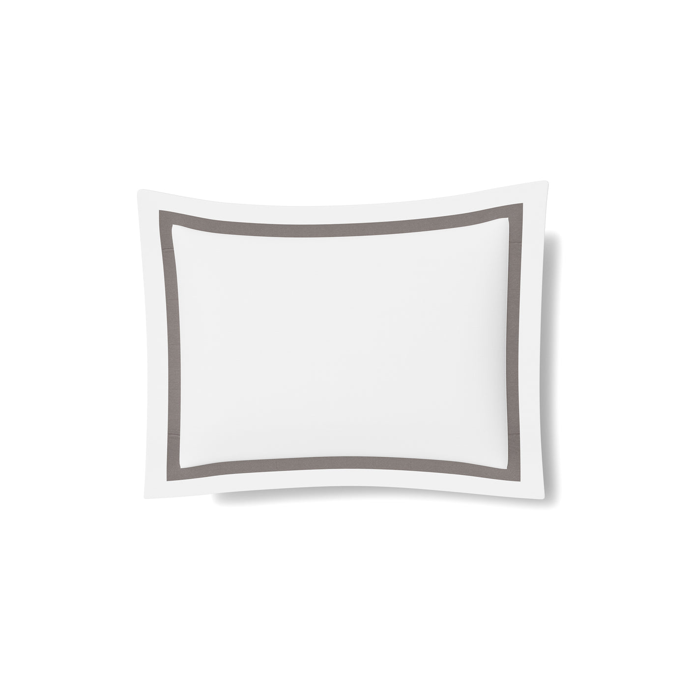 White cotton sham with taupe trim border detail, flat lay on white background.