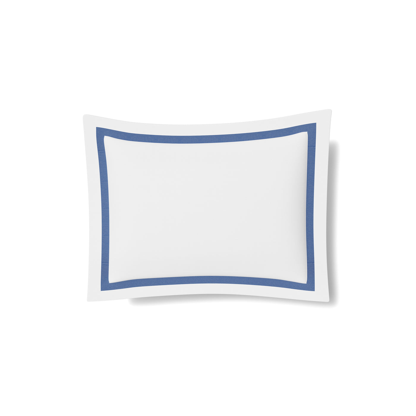 White cotton sham with cornflower blue border trim, isolated on white background.