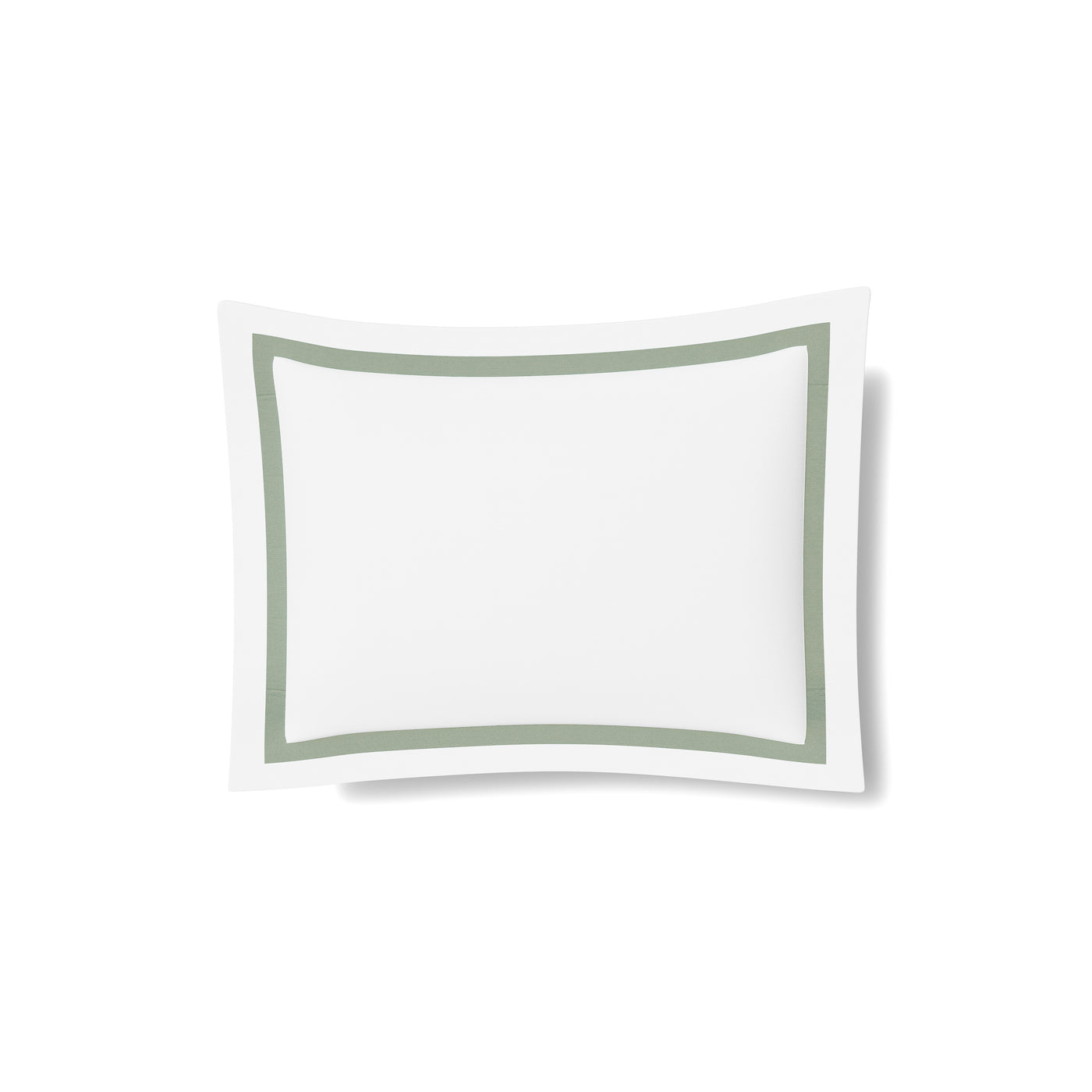 White cotton sham with sage grosgrain trim border, shown flat against white background.