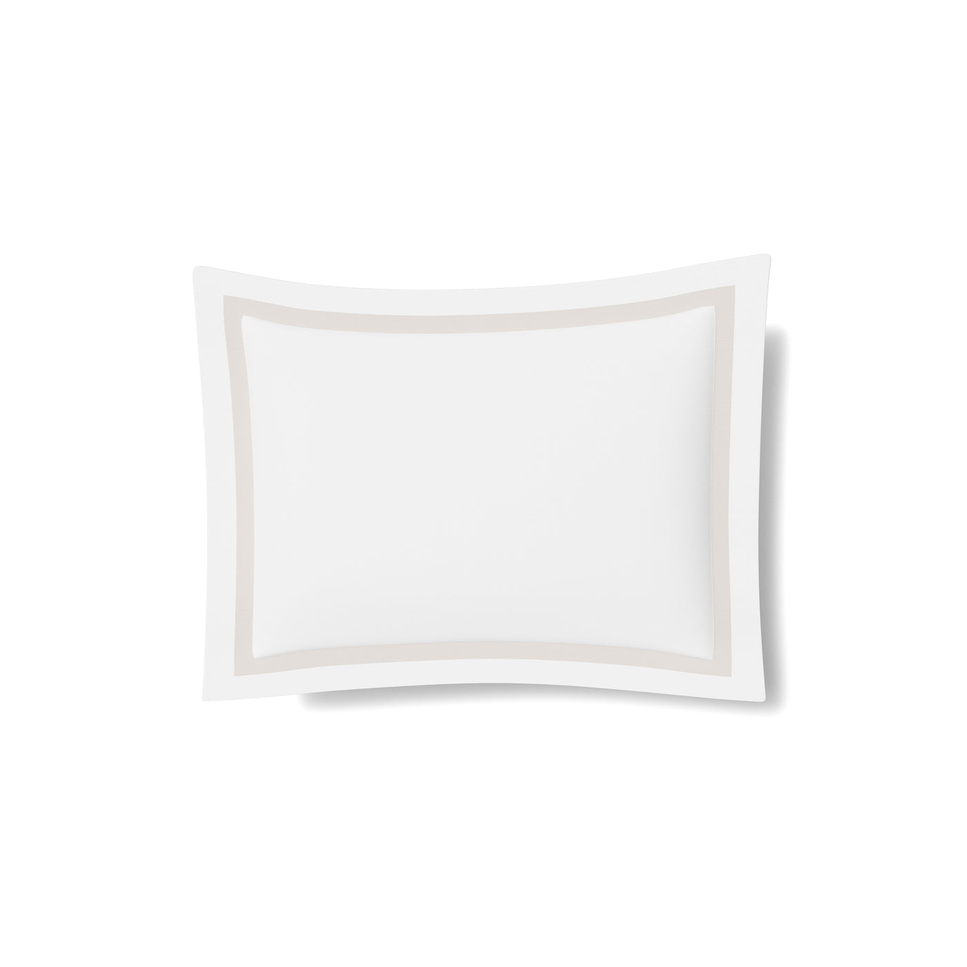 White cotton sham with taupe border trim, flat lay on white background.