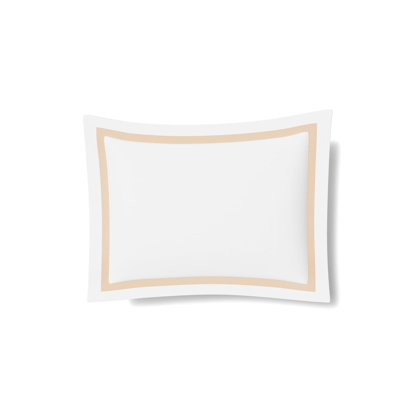 White cotton sham with champagne trim border, flat lay on white background.
