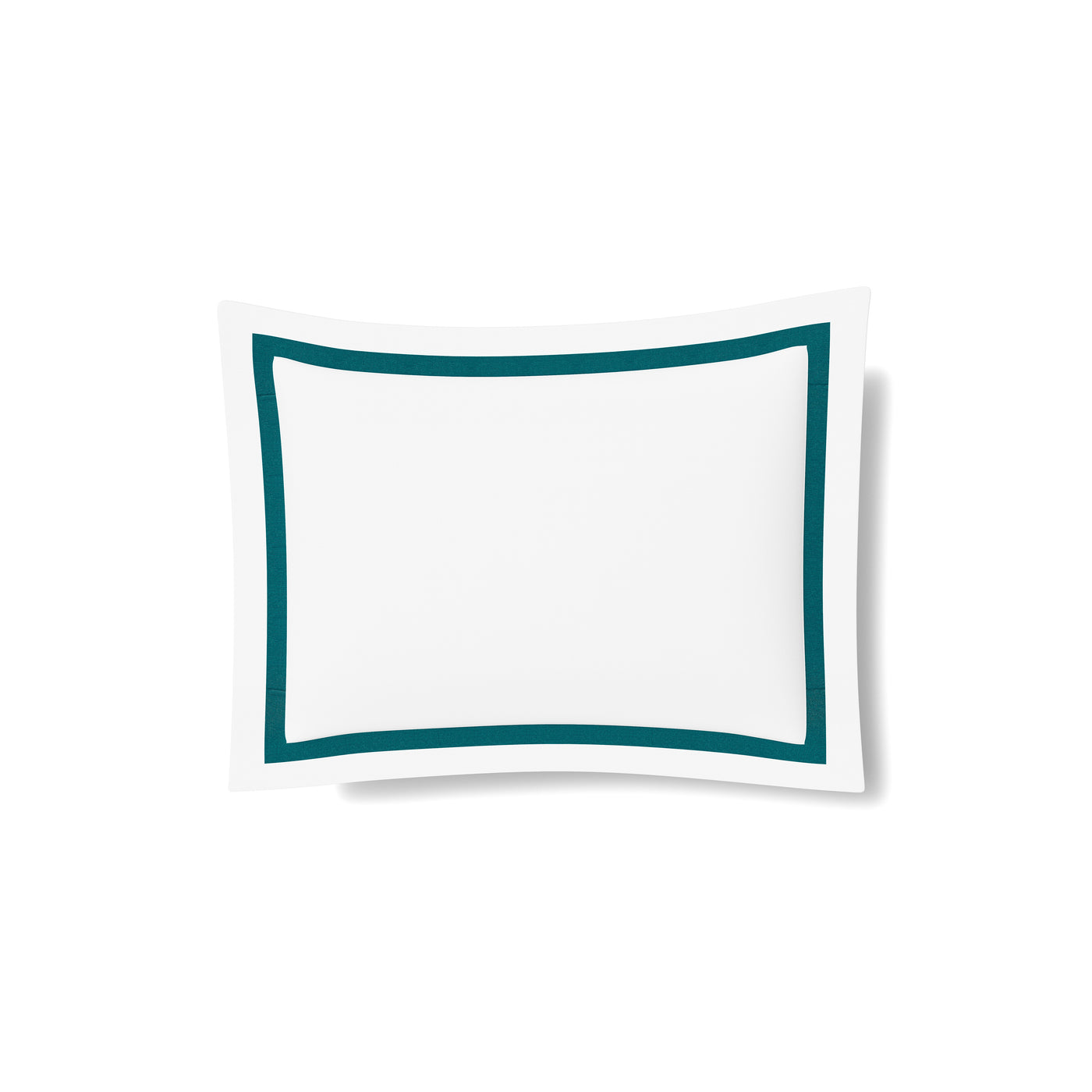 White cotton sham with teal border trim, product flat lay on white background.