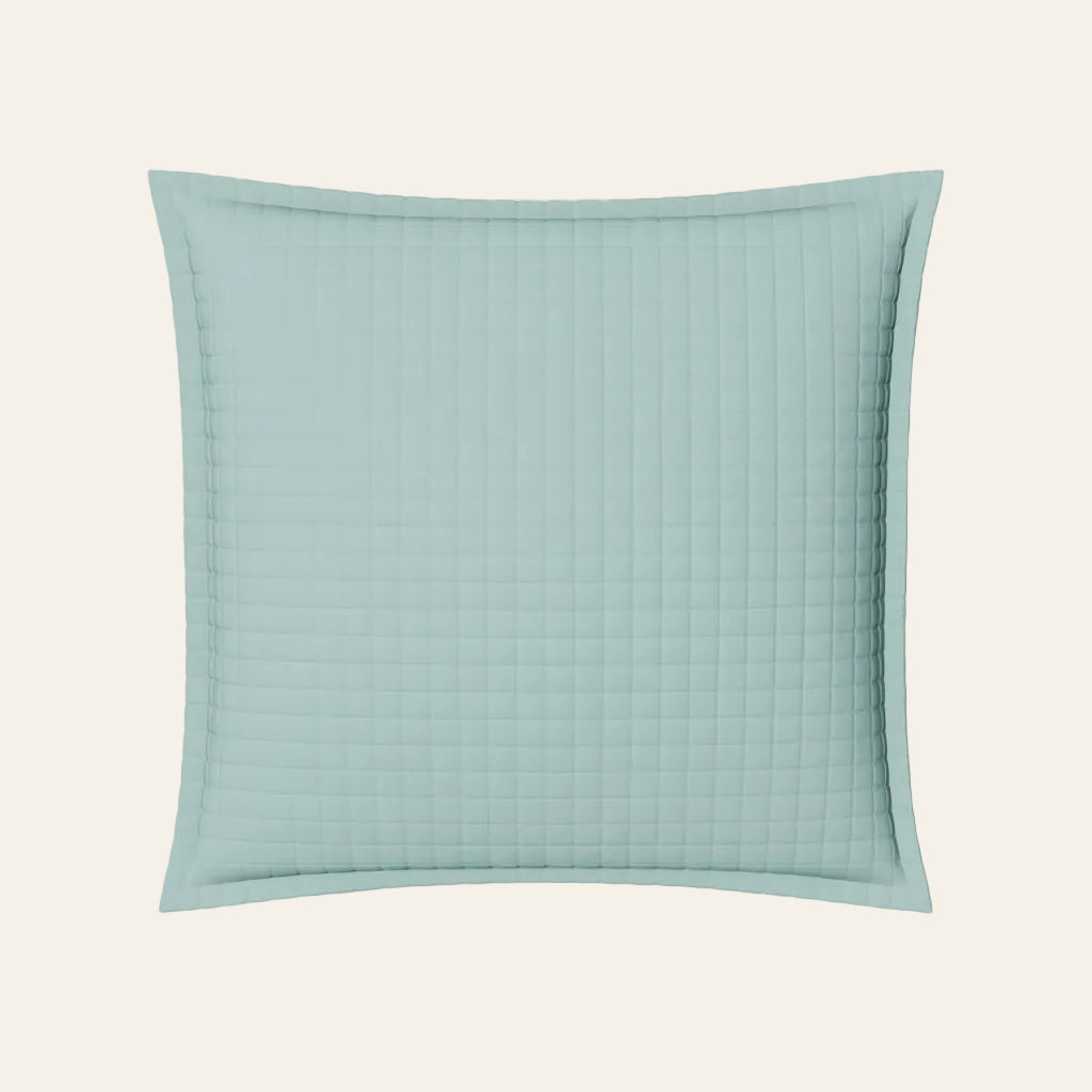 Ann Gish Ready-to-Bed 2.0 quilted sham in seafoam with grid-stitched pattern and flange border.