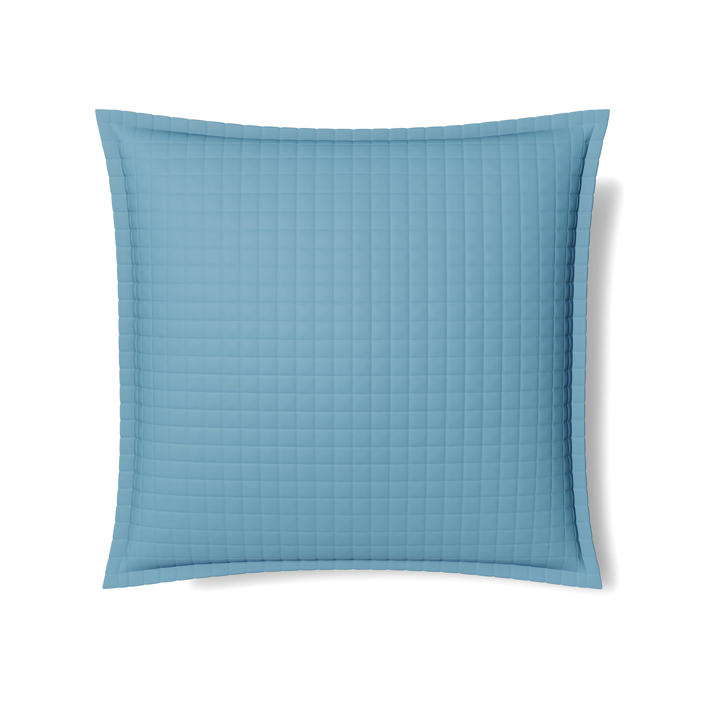 Ann Gish Ready-to-Bed 2.0 quilted sham in steel blue, grid-stitch pattern with flanged edge.