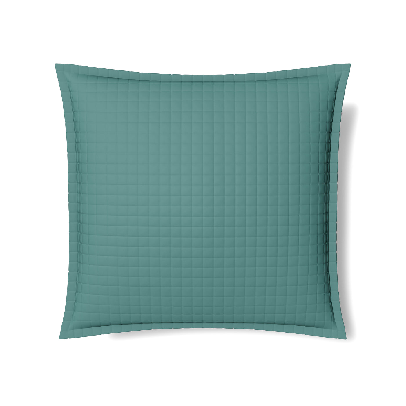 Teal quilted sham with grid stitching and flanged border, flat lay on white background.