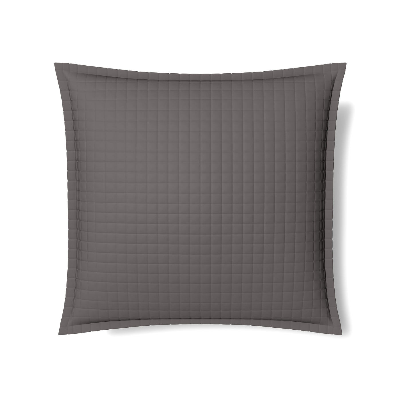 Charcoal quilted sham with grid stitching and structured flange border, flat lay.