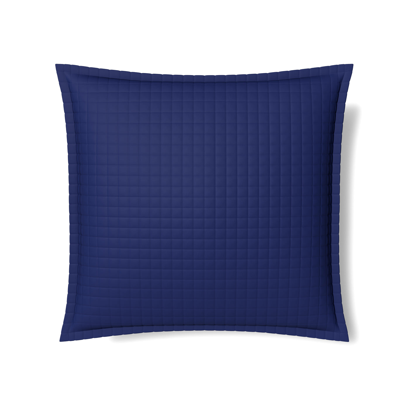Navy blue quilted sham with grid stitching pattern and flanged border, flat lay view.