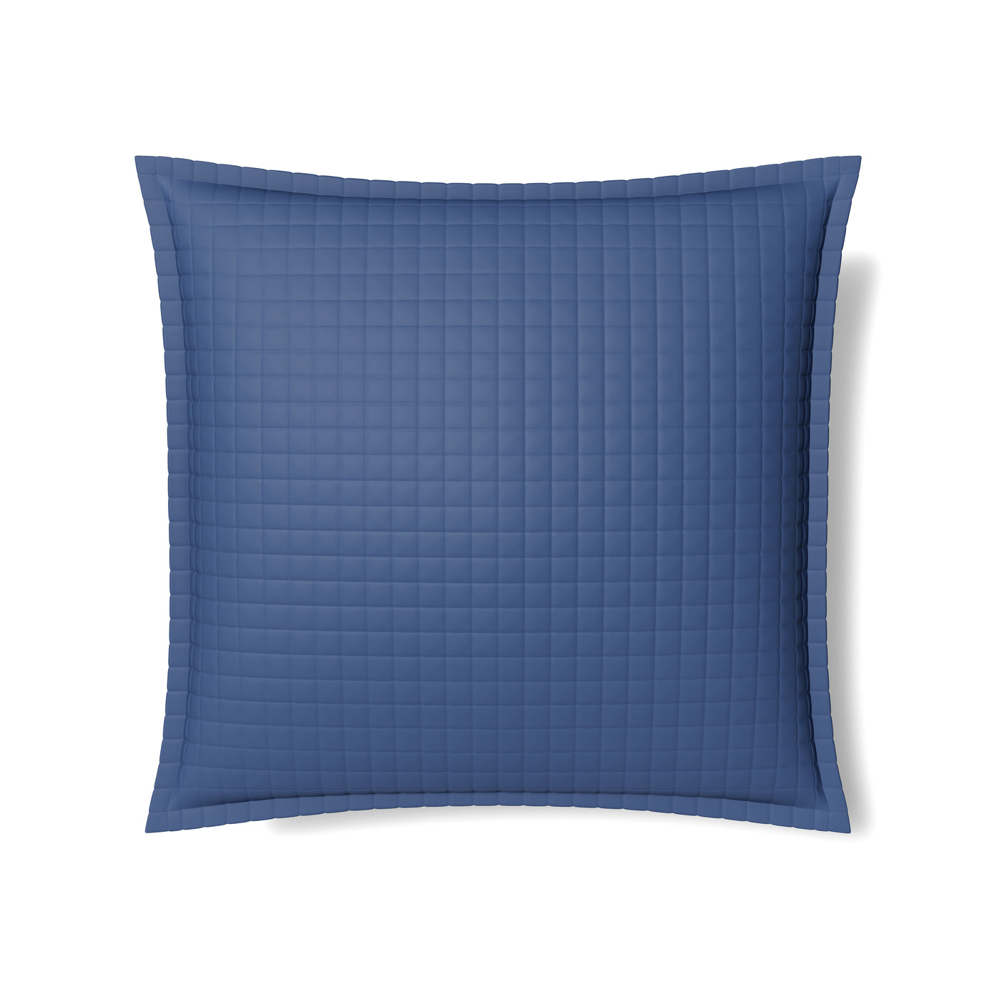 Ann Gish quilted sham in slate blue with grid stitching and flanged border.
