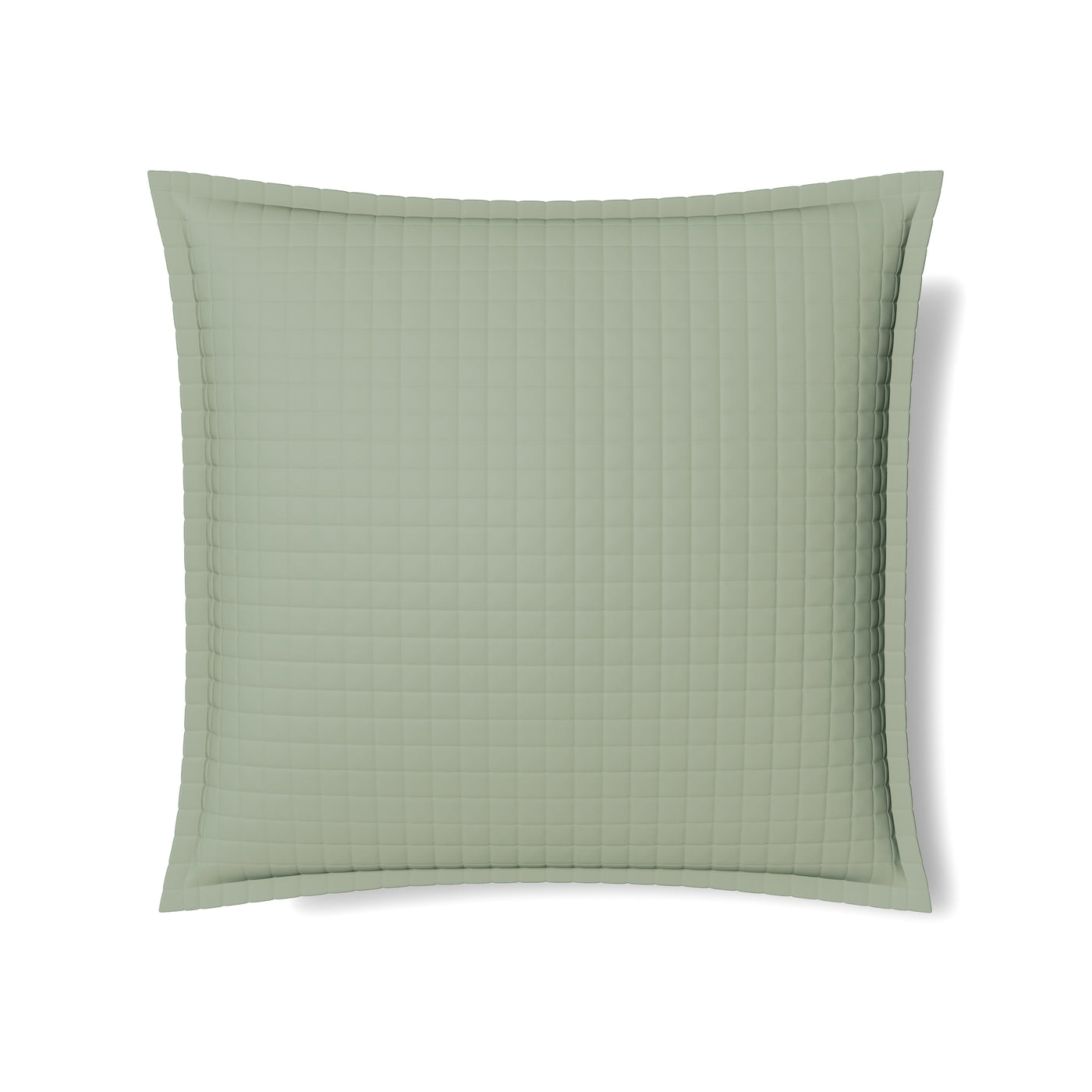 Sage green quilted sham with grid stitching and flanged border, flat lay view.
