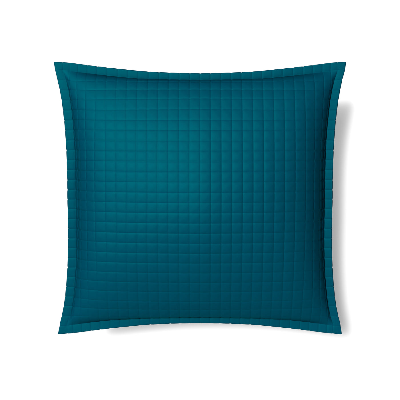 Ann Gish quilted sham in teal with grid-stitched pattern and flanged border.