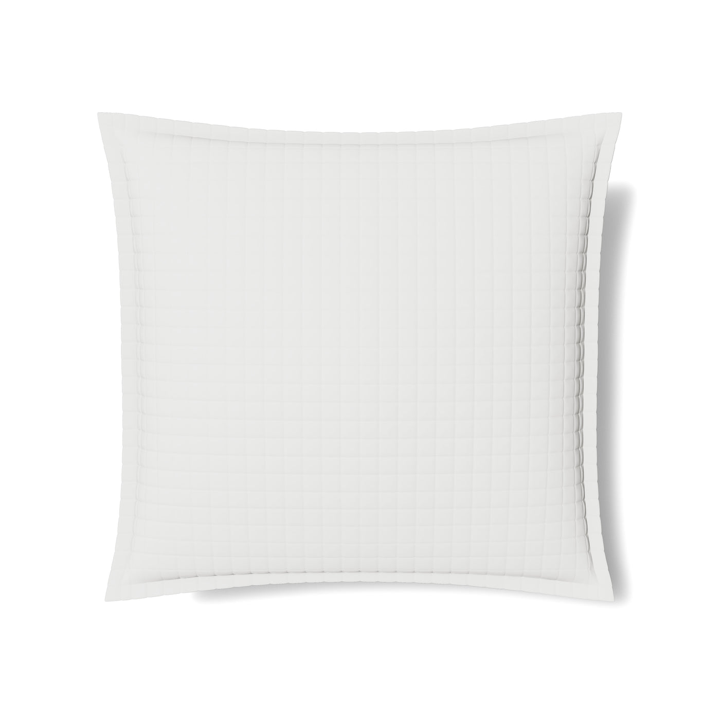 Ann Gish quilted white sham with grid stitching and flanged border, flat lay.