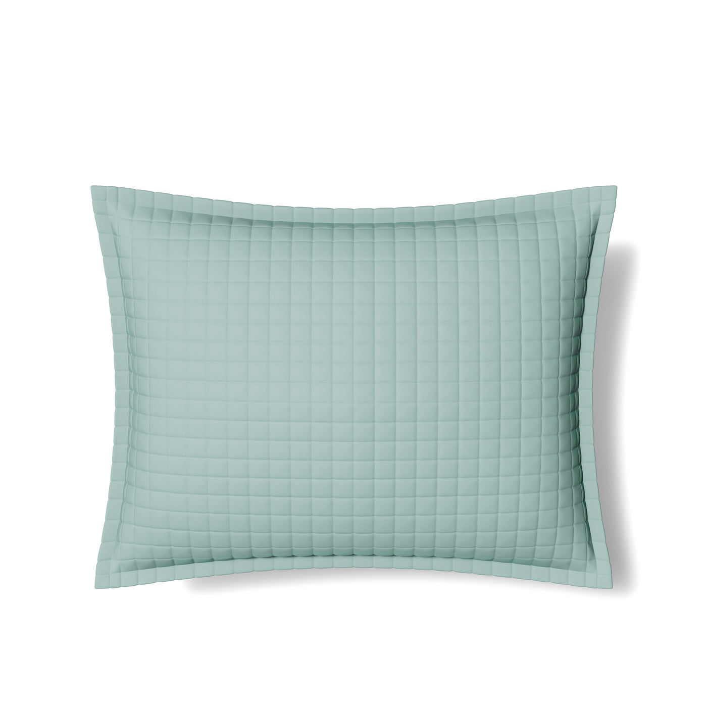 Close-up of Ann Gish quilted sham in seafoam with grid stitching and flanged border.
