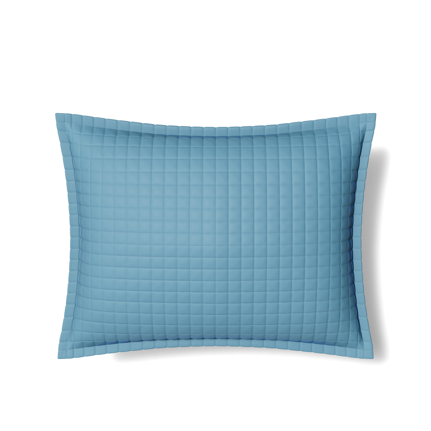 Ann Gish quilted sham in slate blue with grid-stitched texture and flanged border.