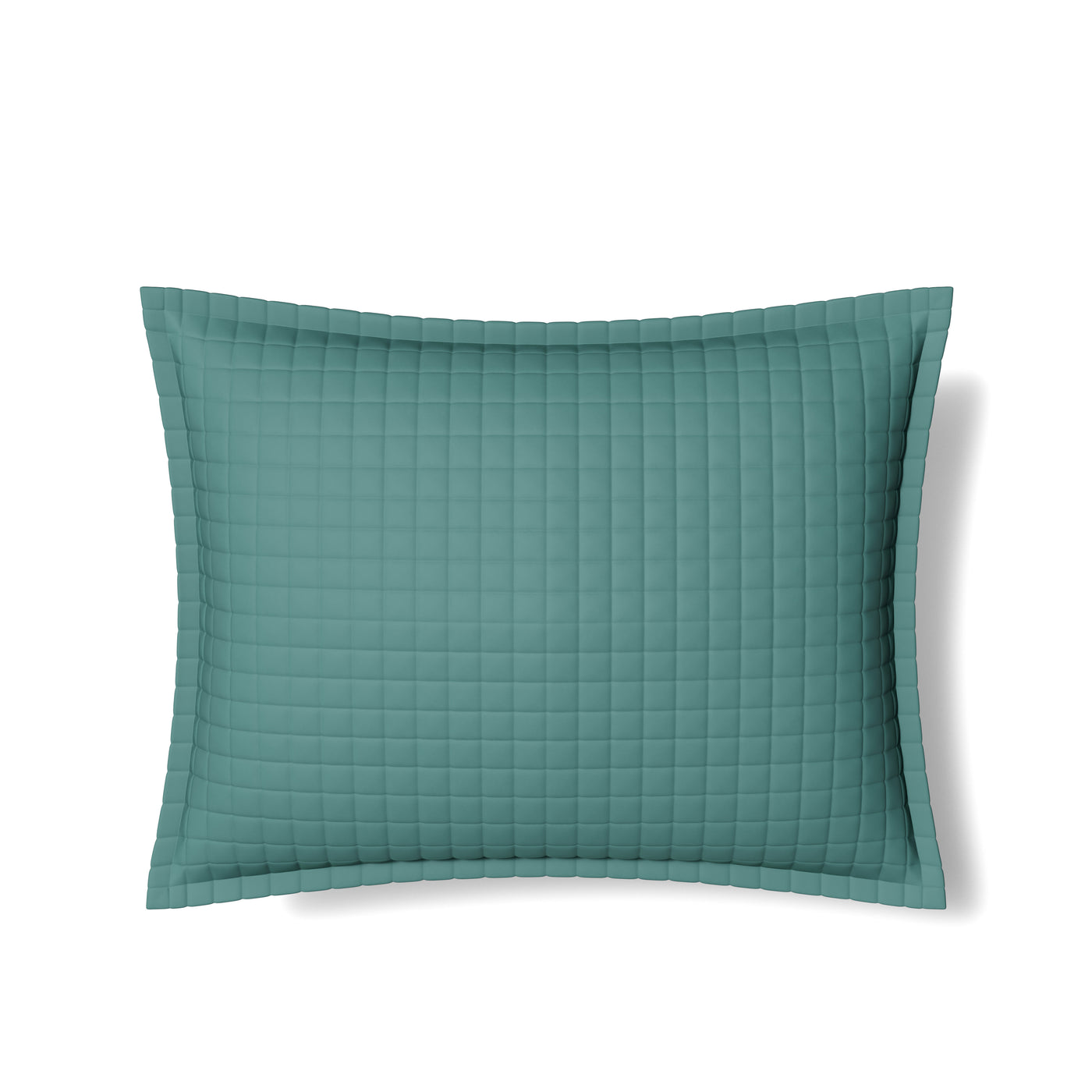 Teal quilted sham with grid stitching and flange border, isolated on white.