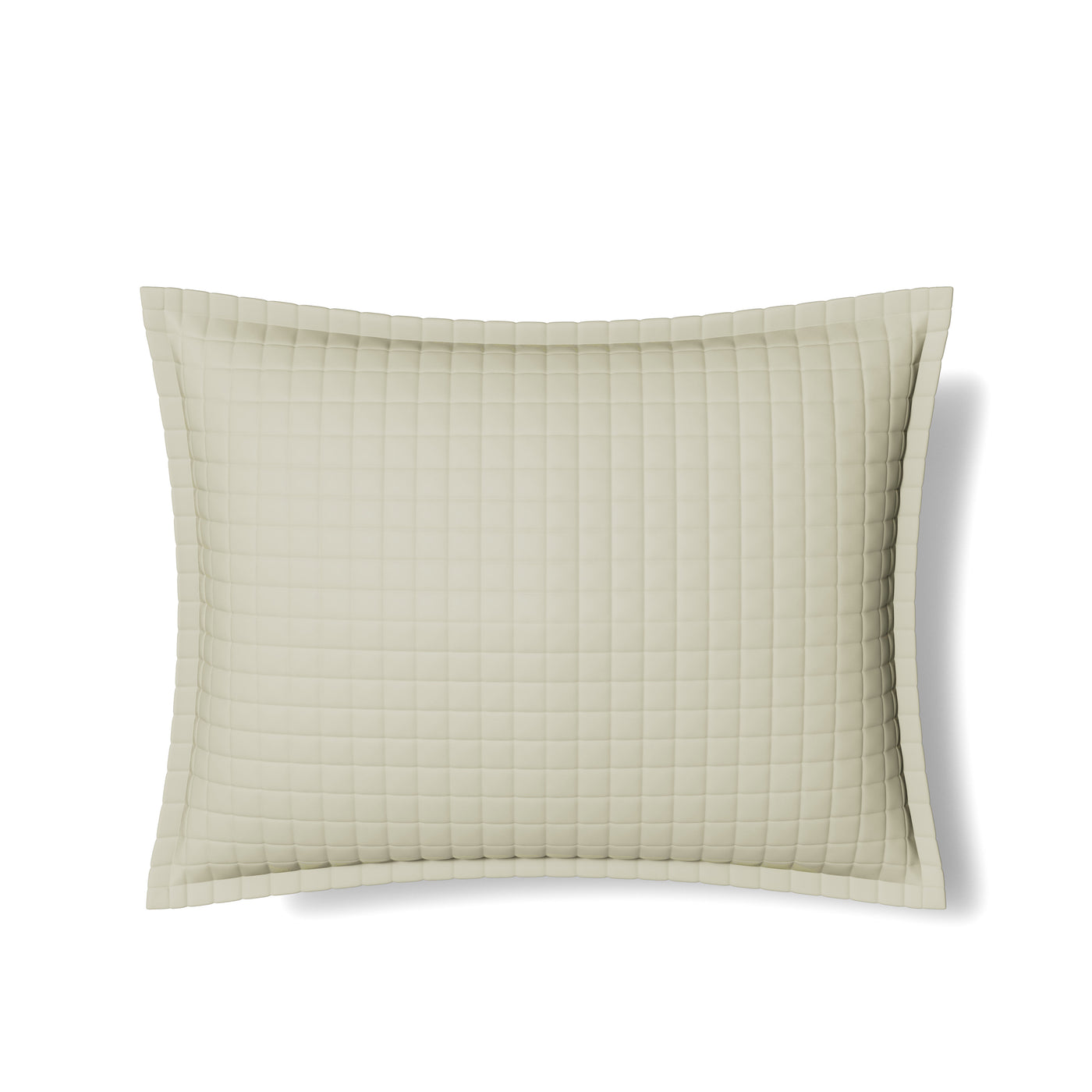 Sage green quilted sham with grid stitching and flanged border, studio view.
