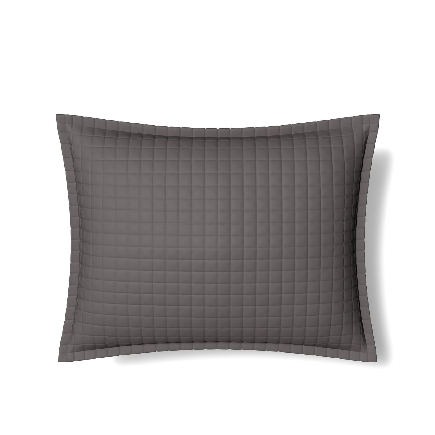 Ann Gish charcoal quilted sham with grid stitching pattern and flanged border, front view.