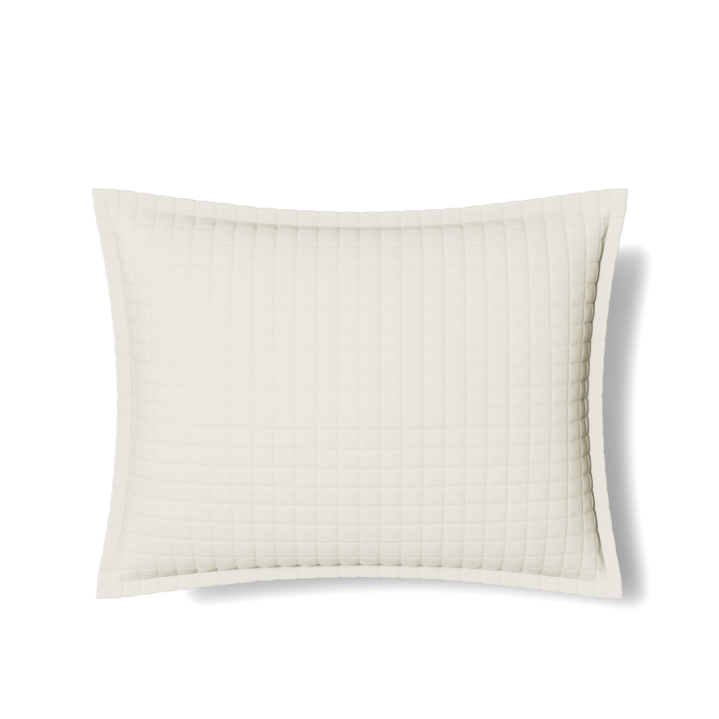Ivory quilted sham with grid stitching and flanged border, on white background.